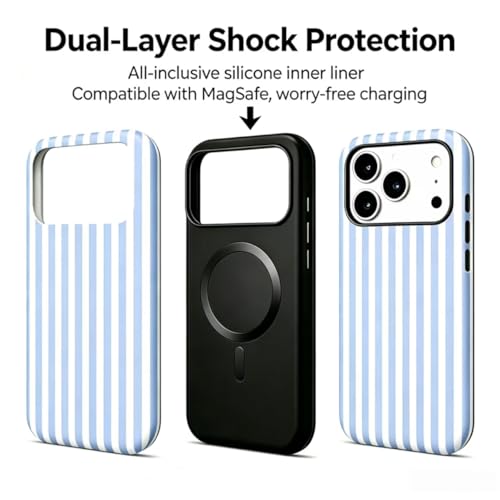 Image of for iPhone 17Pro Case Cute Phone Case,Compatible with MagSafe,Dual Layer Shockproof Protective Phone Cover,Hard Shell + Silicone Cover,Fashion Design for Women Girls,Striped Blue