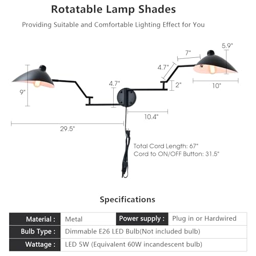 Image of Modern Black 2-Light Plug in Swing Arm Wall Sconce, 1 Pack