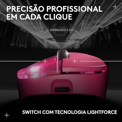 Mouse Gamer Sem Fio Logitech G PRO X SUPERLIGHT 2 DEX com Tecnologia LIGHTSPEED, Design Assimétrico para Destros, 5 Botões Programáveis, Sensor Hero 2 com DPI de 44K, Recarregável - Rosa Magenta - Imagem 8