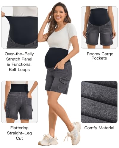 Image of PACBREEZE Women's Maternity Jean Shorts Over Belly Stretch Denim Shorts Trendy Summer Pregnancy Clothes
