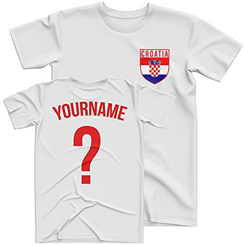 Image of Croatia Football Shirt Kids - Croatia Flag Badge Custom Name And Number T Shirt - Football Personalised Retro Europe Summer 2021 Footy Gifts For Boy - Unique European Footie Top, 7-8 Years, White