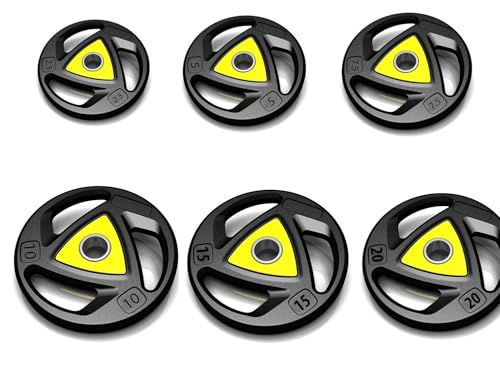 Image of Olympic weight plates Barbell /Rod Rubber Plates Barbell plates Gym weights (120KG Set), 3 Holes Hand Grip Cast iron weight plates Rubber coated plates with 50mm Internal Dia (2.5x2+5x2+7.5x2+10x2+15x2+20x2)