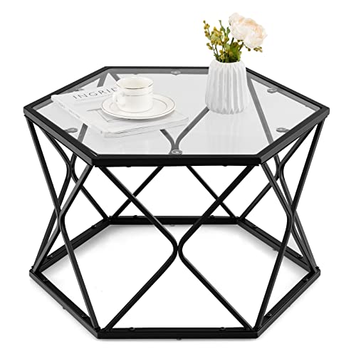 Costway Geometric Glass Coffee Table, Hexagonal Sofa Central Table W/Tempered Glass Top & Metal Frame, Modern Accent End Table For Living Room, Reception Room, Office #TOP11