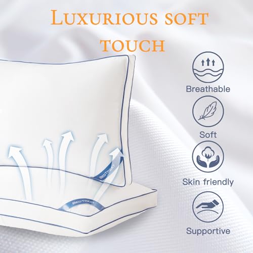 BedTreat White Goose Feather and Down Pillows Queen Size Set of 2,Luxury Hotel Collection Feather Pillows,Goose Feather & Down Filling,100% Organic Cotton Cover,Firm,Soft for Sleeping,Cooling(18X28)…