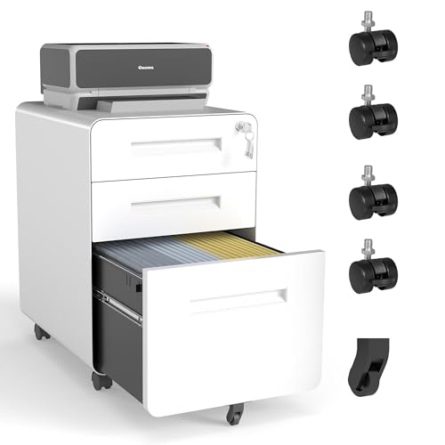 Metal 3 Drawer File Cabinet with Lock on Wheels, Locking Filing Cabinet with Key for Home Office, Rolling Filing Cabinets with Wheels, All-Steel Metal, 110 LBS Capacity (3 drawer, White + Gray)