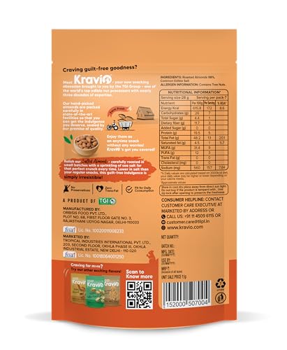 Image of Kravio Premium Roasted Salted Almonds (2 X 200g) | Zero Cholesterol Natural Whole California Badam Nuts & Dry Fruits | Rich in Protein, Roasted Crunchy Delicious Healthy Snacks