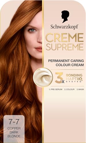 Schwarzkopf Creme Supreme 7-7 Copper Dark Blonde, Permanent Hair Dye, Caring Hair Dye Colouration with 3-Step Bonding System Against Damage, 100% Grey Coverage