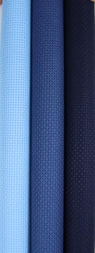 Image of KCS 3 pc of 15 inch x 18 inch(38cmx45cm) 11 Count Cross Stitch Cotton Aida Cloth Needlework Rolled Fabric Box,11CT,Light Blue+Jeans Blue+Navy Blue