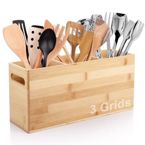 ZOFUN Bamboo Utensil Holder, 33.5 x 11 x 16 cm Cutlery Holders with Oil Coating, 3 Grids Kitchen Utensils Holder, Anti-slip Utensils Holder for Cooking Tools Set, Counter Organization