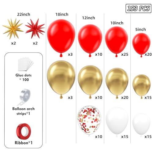 Image of 153Pcs Red and Gold White Balloons Garland Arch Kit with Stars - 22 18 12 10 5 inch Different Size Red White Metallic Gold Confetti Latex Balloon for Birthday Valentine's Day Party Decorations