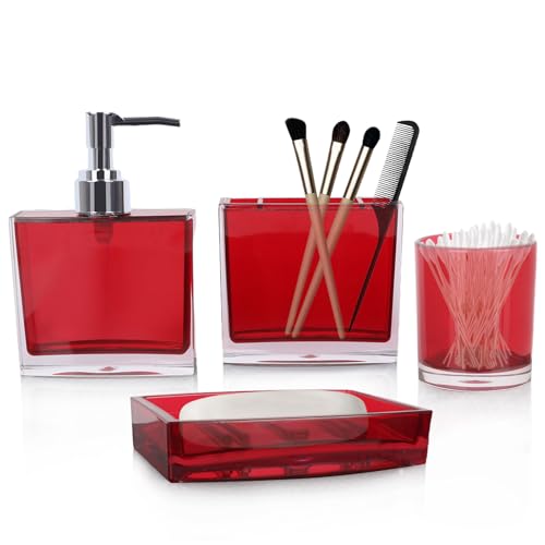 LGURT 4-Piece Bold Red Acrylic Bathroom Accessories Set Soap Dispenser Toothbrush Holder Soap Dish & Mouthwash Cup Vanity Countertop Organizer for Red Bathroom Decor