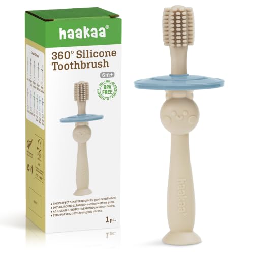 Image of haakaa 360 Baby Toothbrush with Suction Base - Beige + Sky Blue | Gentle Cleaning for Infants, Gum Massage, BPA-Free, Food-Grade Silicone, Adjustable Safety Shield, Safe for Babies 6 Months+