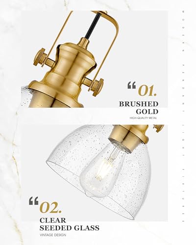 Image of 7.5 inch Brushed Gold Pendant Lights Kitchen Island, Seeded Glass
