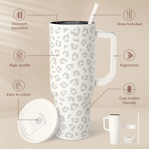 Image of SANDJEST Leopard Tumbler with Handle, Insulated Cup Stainless Steel Travel Mug Cup, Gifts for Women Girl on Birthday Christmas, Cream Leopard, 40oz