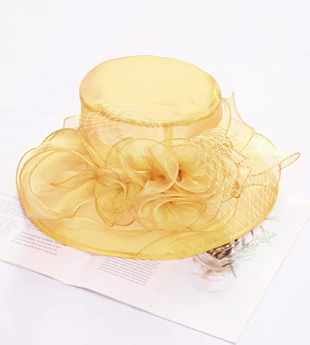 Z&X Organza Church Fascinator Ky Derby Hats For Women Flower Wedding Tea Party Hat Wide Brim Sun Hat Gold #TOP1