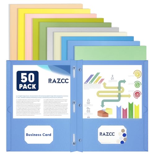 Two Pocket Folders, RAZCC 50 Pack Two Pocket Folders with Prongs, 3 Prong Folders Fit Letter Size Paper, Pocket Paper File Folders for School Office Home Business, Assorted 10 Colors