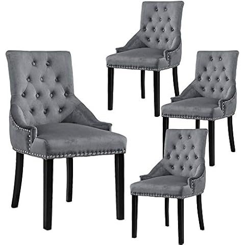 BonChoice Velvet Dining Chairs Set of 4 with Knocker Studded for Dining Room Kitchen Upholstered Accent Side Chairs for Bedroom, Living Room, Button Tufted Armchair Grey Cover