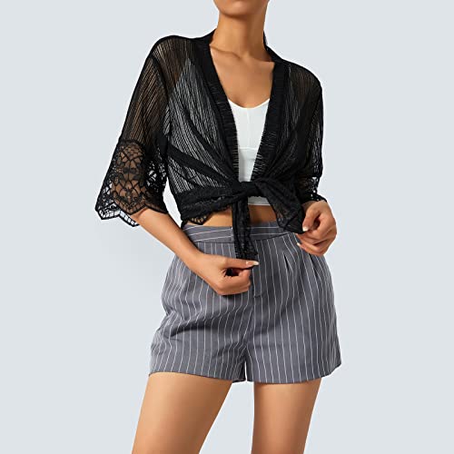 Women's Short Cardigan Sheer Mesh Bolero Shrug 3/4 Sleeve Crop Tops Lace Jacket Beach Cover up for Dress3