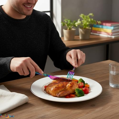 Image of Elegant Handle Rainbow 16 Pcs Stainless Steel Cutlery Set for Dining Table, Dishwasher Safe Glossy Flatware (4 Spoon Set+4 Forks Set+4 Butter Knife+4 Dessert Spoon)
