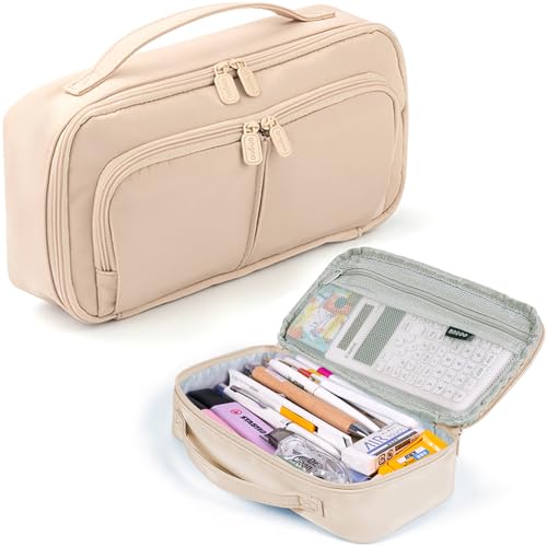 Image of Pencil Case Large Capacity Pencil Pouch Pen Bag with Handle, Portable Pencil Case Pencil Bags with Zipper Student Stationery Bag for Girls and Boys Teen Adults Men Women (Beige)