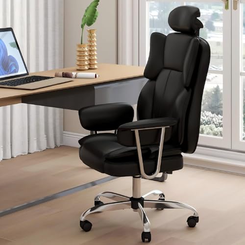 ELECWISH Office Chairs for Home with High Back PU Leather, Desk Chair with Tilt Function, Ergonomic Office Chair High Waist Protection for Home Office Furniture,Black