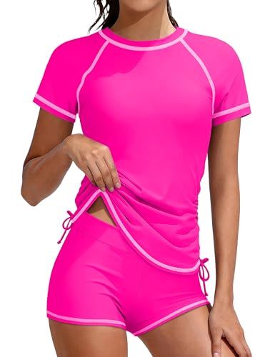 GEMLON Rash Guard Swim Suit Girls 2 Pieces Short Sleeve Solid Color Size 7 Girls Swimsuit for Beach