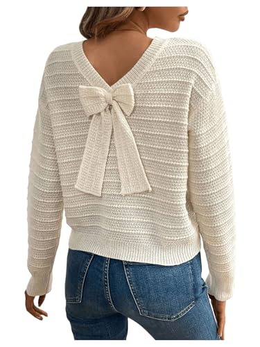Image of MakeMeChic Women's Bow Sweater Drop Shoulder Crew V Neck Fall Sweaters Pullover Tops