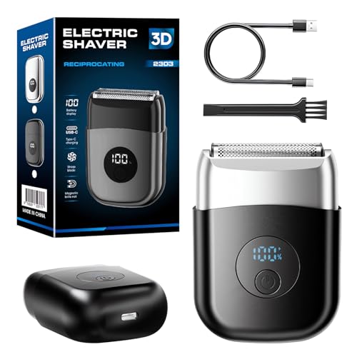 2025 New Electric Cordless Waterproof Shaver for Men, Mini Electric Razor with Big LED Display, Rechargeable Cordless Razor for Face Shaving, Wet/Dry Travel Shaver with LED Display for Travel & Home