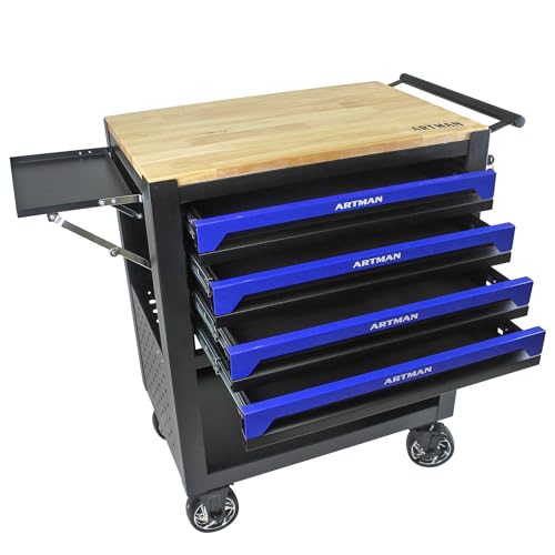 Campfun Tool Cart with 4 Drawers and Wheels, Mechanical Tool Workbench with Wooden Top for Storage in Garages, Workshops, and Repair Shops - Blue