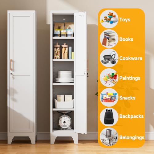Image of 67 inchH White Metal Locker with 1 Lockable Door and 4 Adjustable Shelves For Employees, 5 Tier Small Storage Cabinet with Detachable Legs and Vintage Handle for Kitchen,Office,Gym,School,Easy Assembly