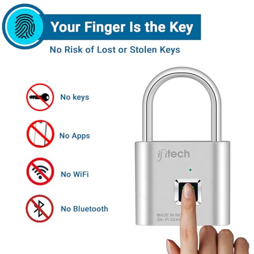 Image of IFITech Smart Fingerprint Padlock, Biometric Keyless Lock with 20 Fingerprint Storage, Rechargeable | Ideal for Personal Spaces and Travel Needs (Small-Silver)