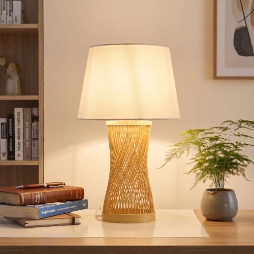 Image of Boho Table Lamp, 17 inch Bamboo Bedside Lamp for Living Room | Farmhouse Nightstand Lamp for Bedrooms, End Tables, Home Decor, Handwoven rattan Base, Linen Shade, E26 Socket