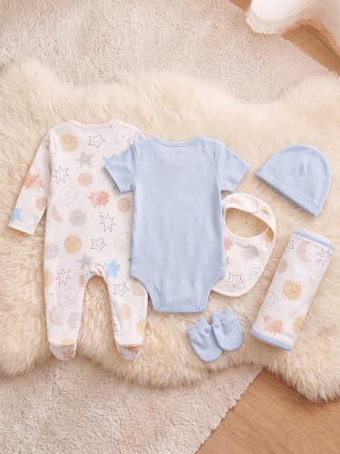 Image of 6 Pcs Clothing Gift Set with Box, 100% Cotton Soft & Breathable 6-Piece Layette Set with Bodysuit, Romper, Bib, Cap, Mittens & Swaddle, 0-12 Months, All-Season Wear