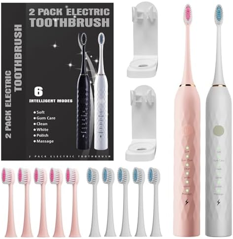 Electric Toothbrush with Holders,2 Pack Sonic Toothbrush with 12 Heads, 6 Modes, IPX7 Waterproof, Smart Timer, 2 Hours Charge for 60 Days (Pink & White)