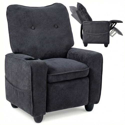 INFANS Kids Recliner, Toddler Lounge Chair with Adjustable Backrest Footrest Side Pockets Cup Holder 90 lbs Load, Velvet Fabric Toddler Couch