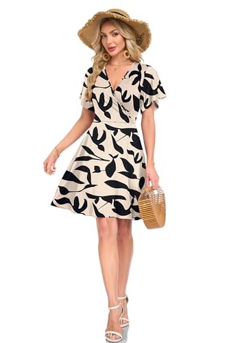 AUSELILY Damen Kleid Sommer Strandkleid Rüschenärmeln V-Ausschnitt Elastischer Taille und Taschen Swing Urlaubskleid Aprikose Schwarz Blatt XXL 2