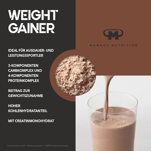 Mammut Nutrition Crash Weight Gainer Pulver Chocolate – 1400 g – 518 kcal/Shake für Gewichtszunahme – 80% Kohlenhydrate – 4-Komponenten Protein – Ideal für Ausdauer- und Leistungssportler