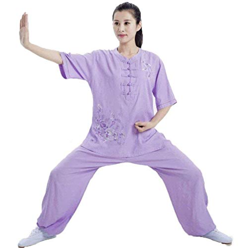 GHTYU Women's Tai Chi Clothing Chinese Traditional Martial Arts Kung Fu Uniform Summer Linen Embroidered Practice Clothes Wing Chun Zen Meditation Yoga Suit Purple-XX Large