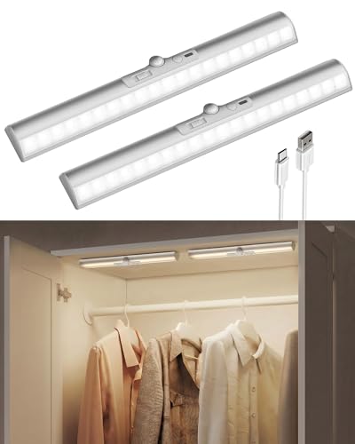 EZVALO Luce LED per armadio con sensore di movimento, dimmerabile, 3 temperature di colore, 1800 mAh, per mobili da cucina, 33 cm, argento (confezione da 2)
