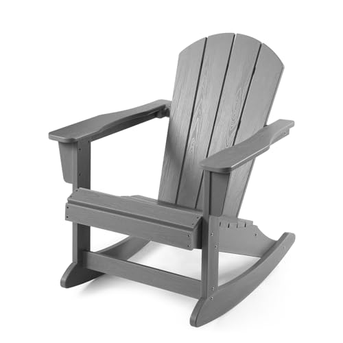Adirondack Rocking Chair, HDPE Outdoor Rocker with UV Protection & Weather Resistant, Wide Backrest (110° Recline), Easy Assembly, Outdoor Rocking Chair for Deck, Backyard, Patio, Lawn, Porch (Grey)