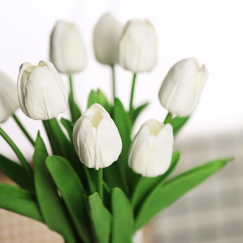 Image of Bassion 30 Pcs White Fake Tulips Artificial Flowers for Decoration | Real touch, PU faux tulips flowers, artificial plants indoor, for home decor wedding Mother's Day spring Easter decorations