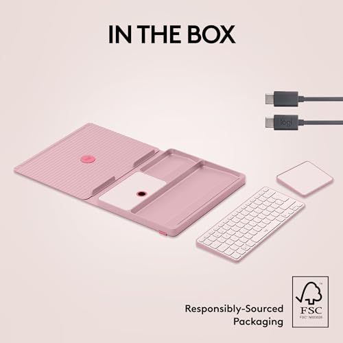 Logitech Casa Pop-Up Desk Laptop Stand, USB C Charger Cable, Bluetooth, Wireless Keyboard with Touchpad for Tablet, Laptop, Chromebook, MacBook 10 Inch to 17 Inch, QWERTY UK English Layout - Pink