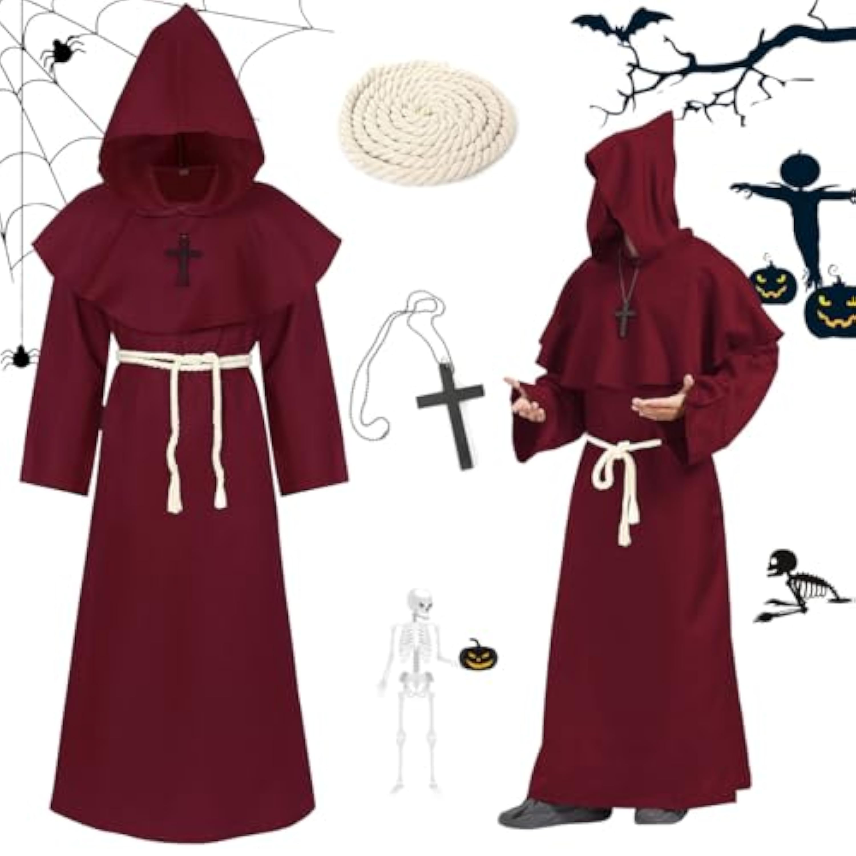 Disfraz de Monje Medieval con Capucha - Túnica Renacentista para Carnaval y Halloween - Traje Sacerdote Cosplay para Adultos