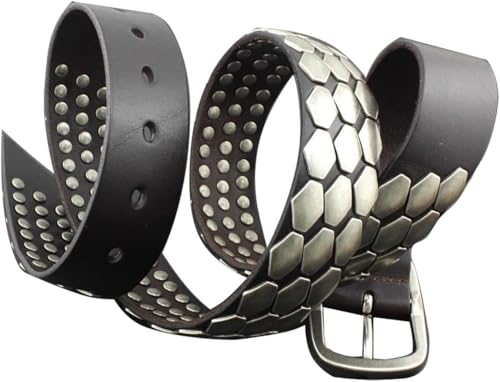 Pin Buckle Rocker Punk Biker Belt – Real Genuine Leather with Metal Sequin Detail