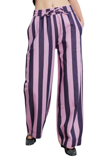 LifeShe Womens Striped Wide Leg Jeans Drawstring Elastic Waist Denim Pants Casual Baggy Jean Trousers