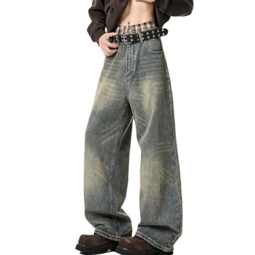 Men's Distressed Vintage Jeans Loose Straight Fit Wide Leg Floor Length Denim Pants Streetwear Style