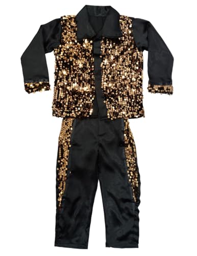Image of BookMyCostume Western Dance Costume for Boys - Black & Golden Sequin Collared Shirt & Pants Set | Annual Day Dance Dresses & Fancy Dress for Stage Shows & Performances | 4-5 Years