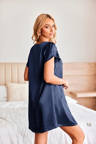 Ekouaer Women's Satin Nightgown Short Sleeve Sleepdress V-Neck Sleepwear Loose Silk Sleepshirt3