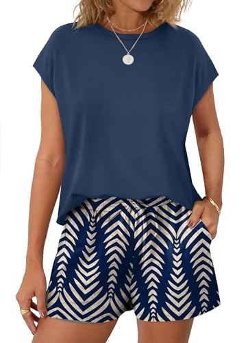 Image of WIHOLL Two Piece Sets for Women Summer Crew Neck Lounge Short Sets Cap Sleeve Drawstring Sweatsuit with Pocket
