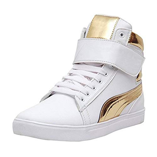 Image of Shoe Island Men's White and Gold Leatherette High Ankle Velcro Shinning Casual Dance Sneakers -10 UK /India